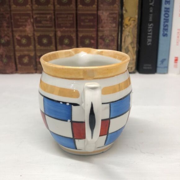 VINTAGE Czechoslovakia Pottery Creamer with Blue and Red Checks Art Deco 0415 - Picture 3 of 6
